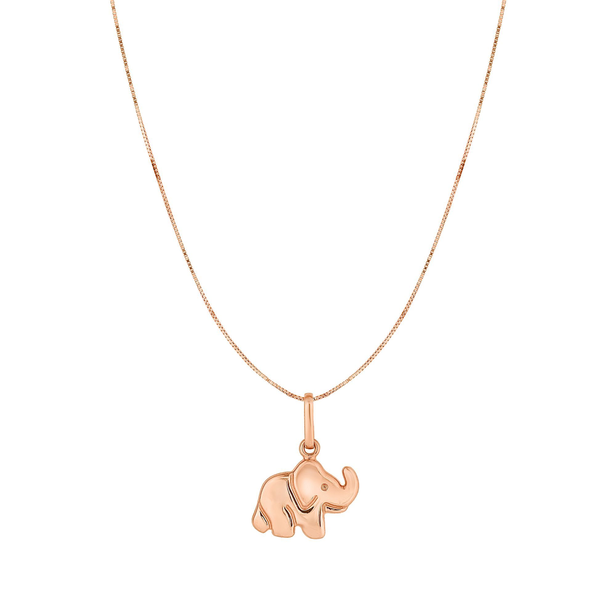 10kt Gold Rose Finish Shiny Flat Elephant Pendant on 10kt Gold 18 inches Rose Finish 0.45mm Shiny Classic Box Chain with Spring Ring Clasp