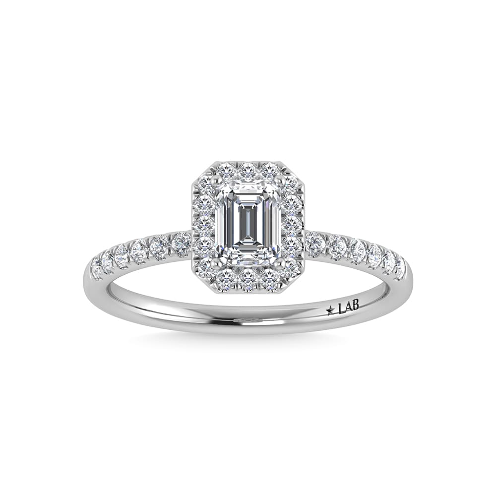 14K White Gold Lab Grown Diamond 1 1/4 Ct.Tw. IGI Certified Emerald Shape Halo Engagement Ring