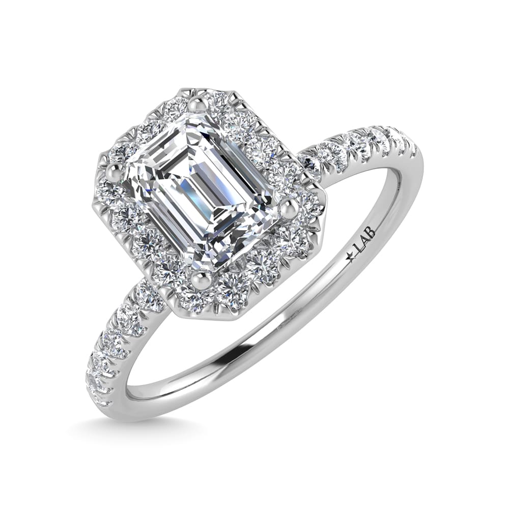 14K White Gold Lab Grown Diamond 1 1/4 Ct.Tw. IGI Certified Emerald Shape Halo Engagement Ring