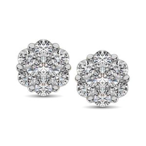 14K White Gold 1/2 Ct.Tw. Diamond Flower Studs Earrings