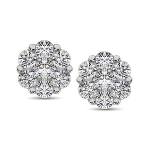 14K White Gold 7/8 Ct.Tw. Diamond Flower Studs Earrings
