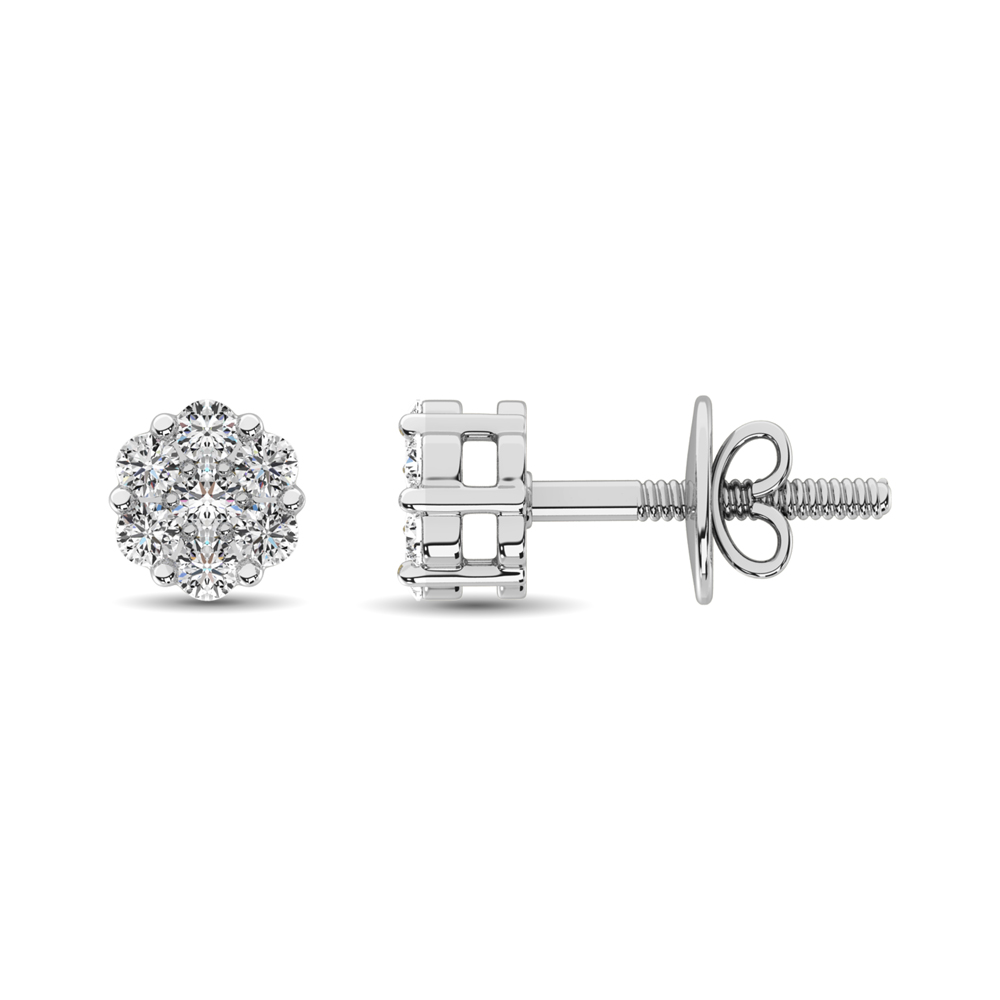 14K White Gold 7/8 Ct.Tw. Diamond Flower Studs Earrings