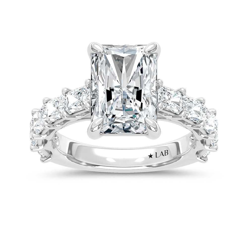 14K White Gold Lab Grown Diamond Elongated Radiant 6 Ct.Tw. Engagement Ring (IGI Certified Center 4ct)