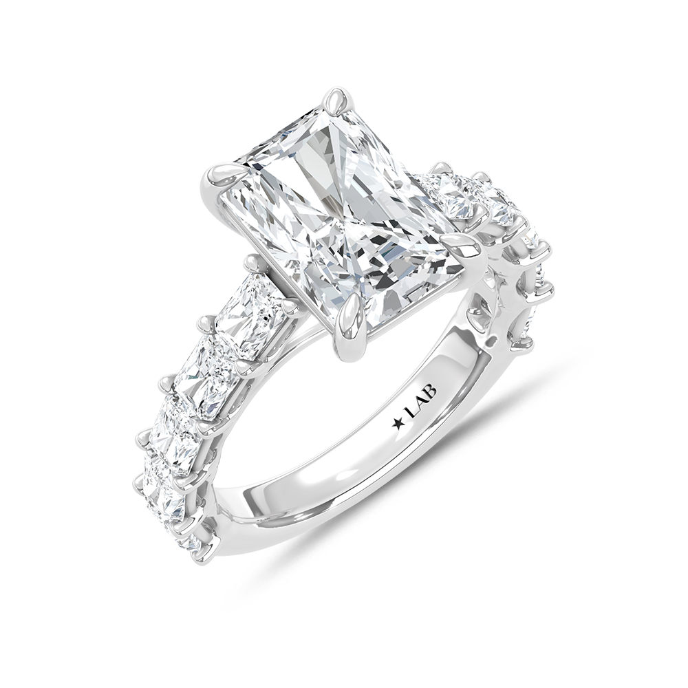 14K White Gold Lab Grown Diamond Elongated Radiant 6 Ct.Tw. Engagement Ring (IGI Certified Center 4ct)