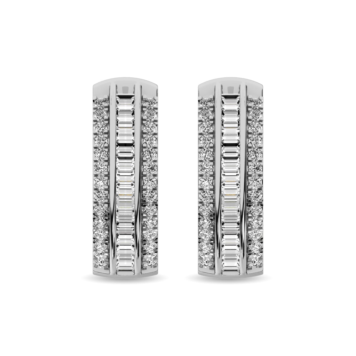 Diamond 1/3 Ct.Tw. Round and Baguette Hoop Earrings in 10K White Gold