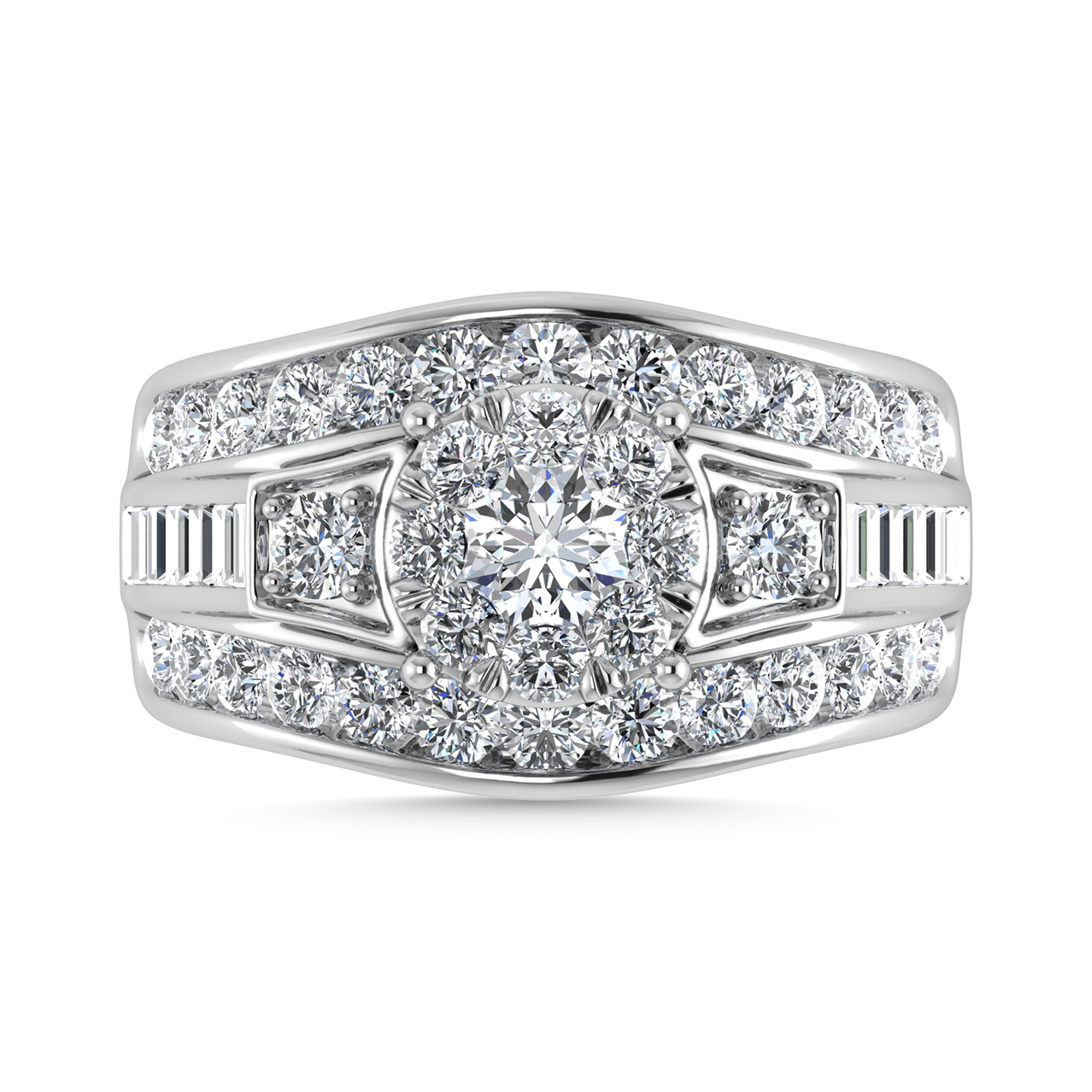 Diamond 2 Ct.Tw. Round and Flat Straight Baguette Engagement Ring in 14K White Gold