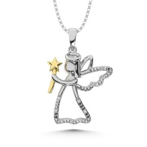 Diamond Accent Fairy Pendant in Sterling Silver and 10K Yellow Gold 1/50 cts