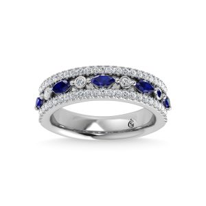14K White Gold Diamond 7/8 Ct.Tw. And Blue Sapphire Fashion Band