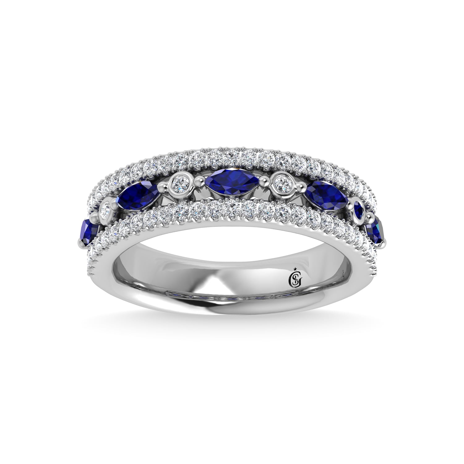 14K White Gold Diamond 7/8 Ct.Tw. And Blue Sapphire Fashion Band