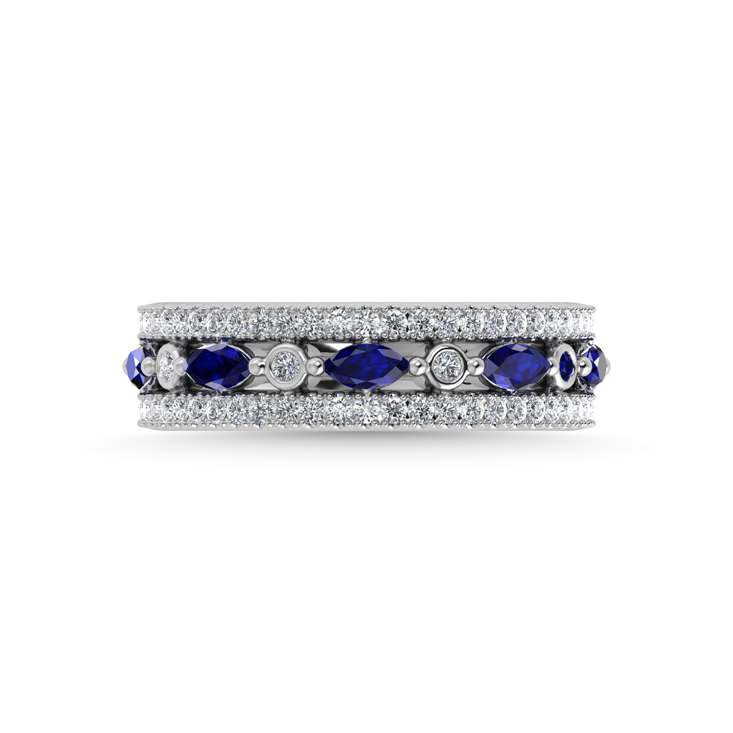 14K White Gold Diamond 7/8 Ct.Tw. And Blue Sapphire Fashion Band