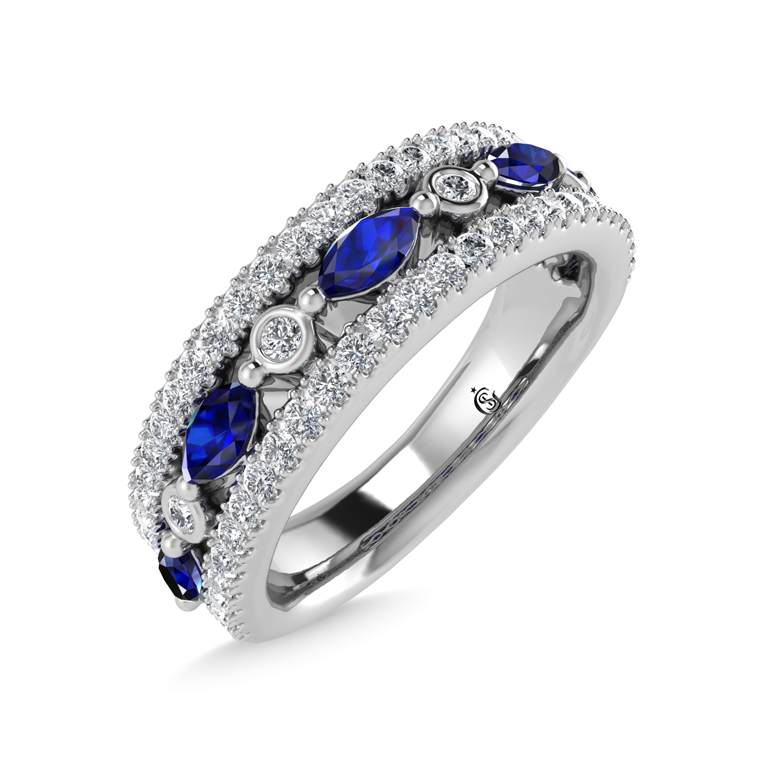14K White Gold Diamond 7/8 Ct.Tw. And Blue Sapphire Fashion Band