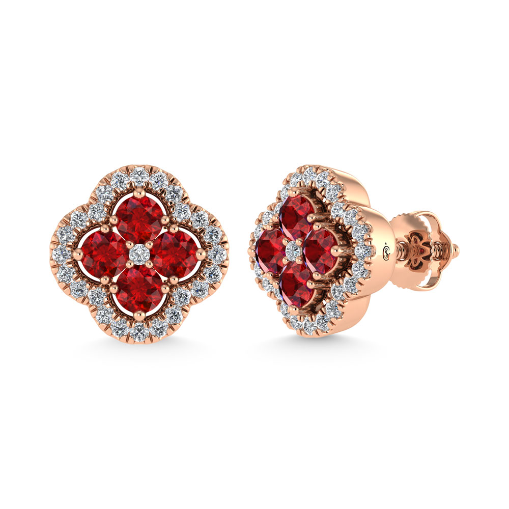 14K Rose Gold Diamond 7/8 Ct.Tw. and Ruby Clover Earrings