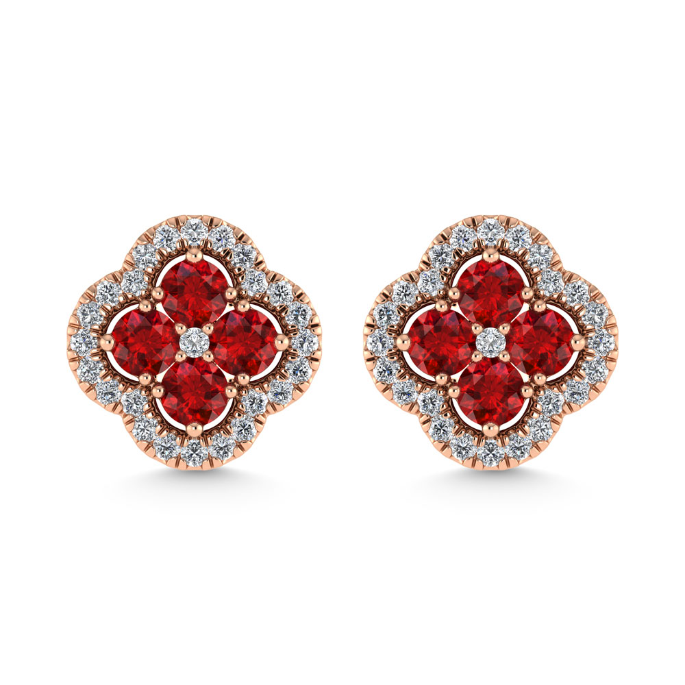 14K Rose Gold Diamond 7/8 Ct.Tw. and Ruby Clover Earrings