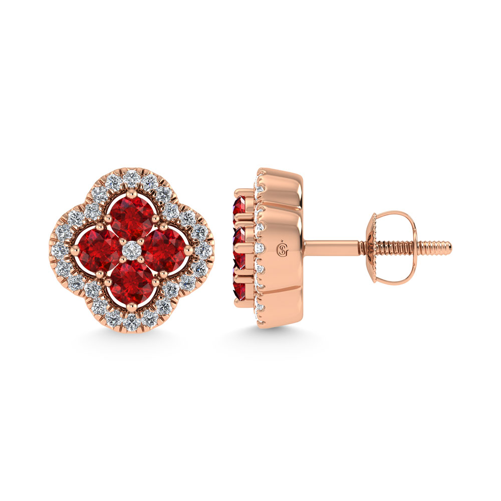 14K Rose Gold Diamond 7/8 Ct.Tw. and Ruby Clover Earrings