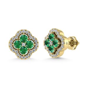 14K Yellow Gold Diamond 7/8 Ct.Tw. and Emerald Clover Earrings
