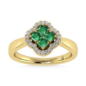 14K Yellow Gold Diamond 5/8 Ct.Tw. and Emerald Clover Ring