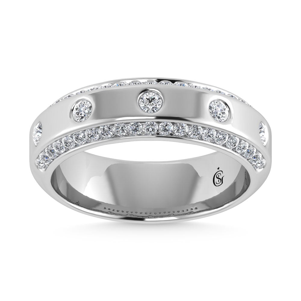 14K White Gold Diamond 3/4 Ct.Tw. Channel and Bezel Set Mens Machine Band