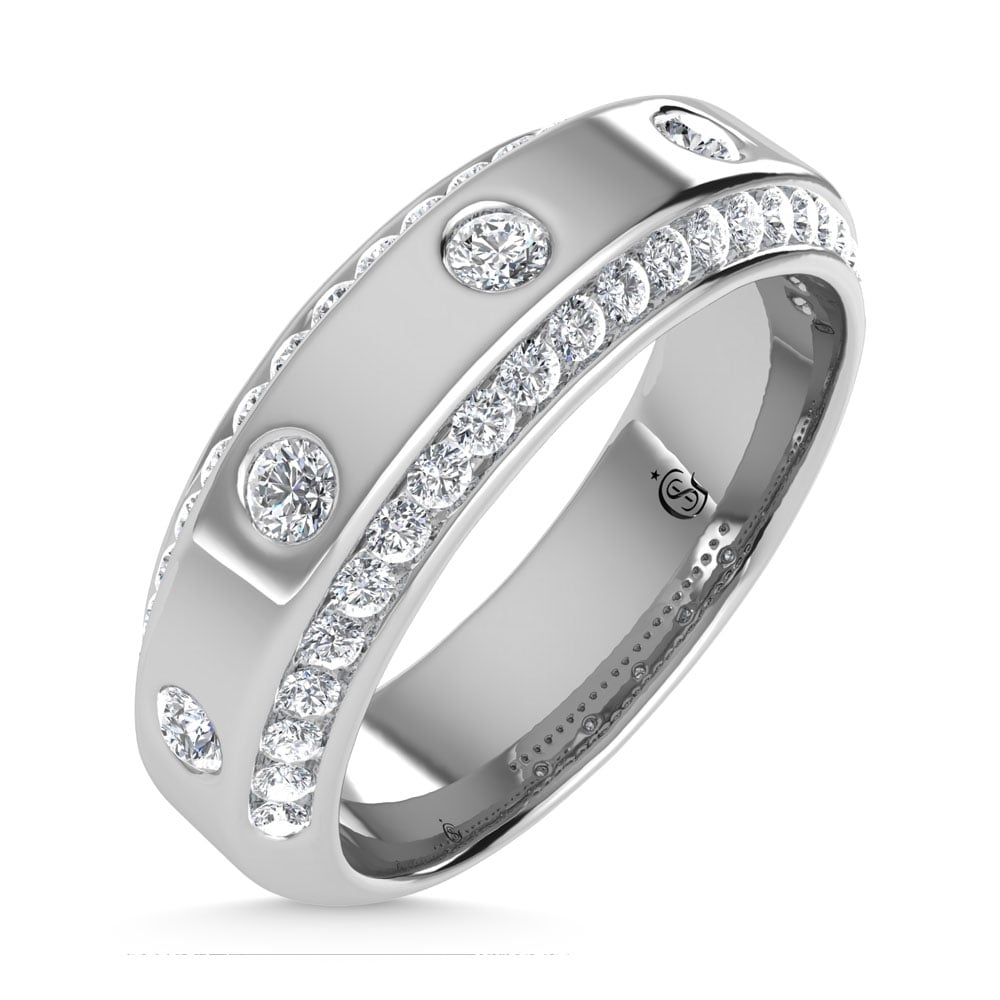 14K White Gold Diamond 3/4 Ct.Tw. Channel and Bezel Set Mens Machine Band