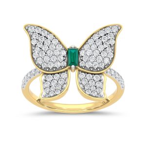 14K Yellow Gold Diamond 3/4 Ct.Tw. & Emerald Butterfly Ring