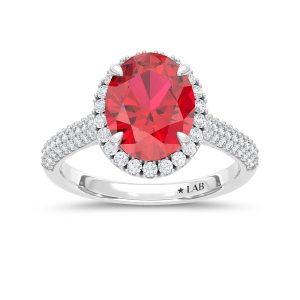 14K White Gold Lab Grown Diamond 4 1/5 Ct.Tw. Oval Shape Recrystalized Ruby Engagement Ring (Center 3 7/8 ct)