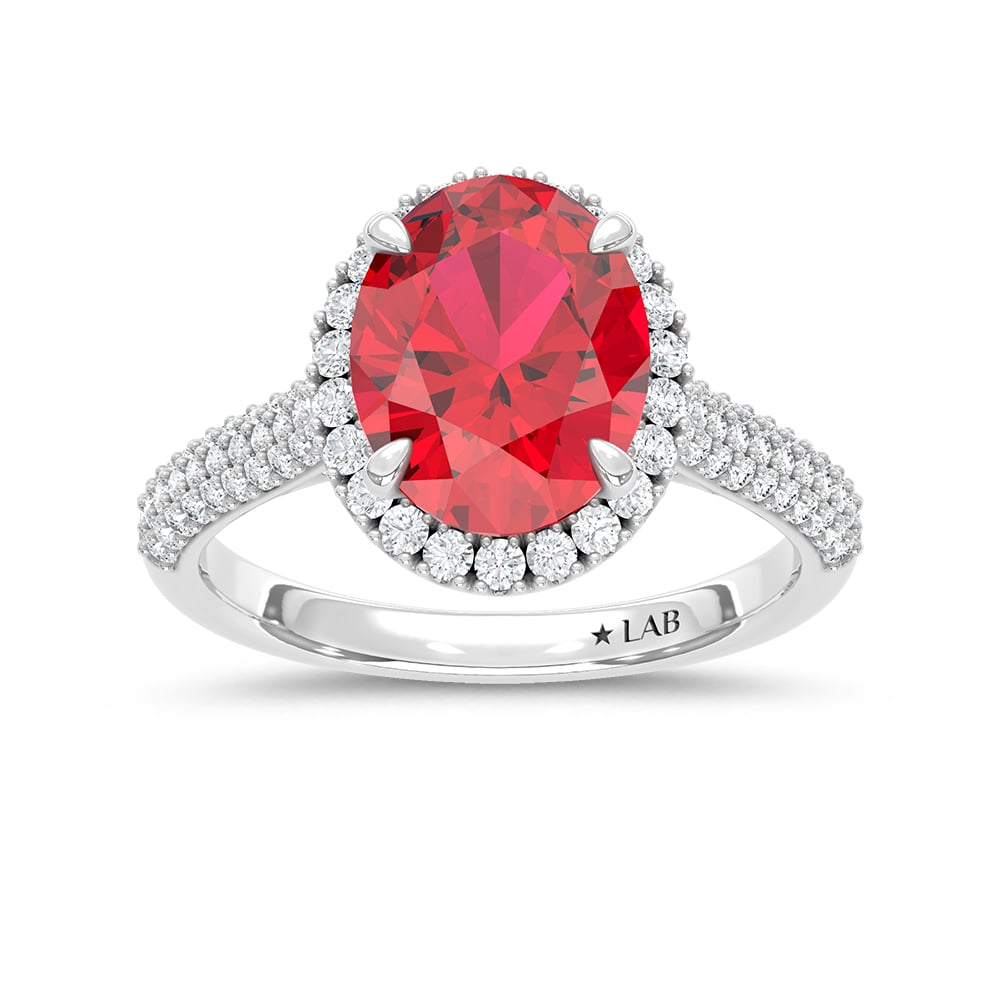 14K White Gold Lab Grown Diamond 4 1/5 Ct.Tw. Oval Shape Recrystalized Ruby Engagement Ring (Center 3 7/8 ct)
