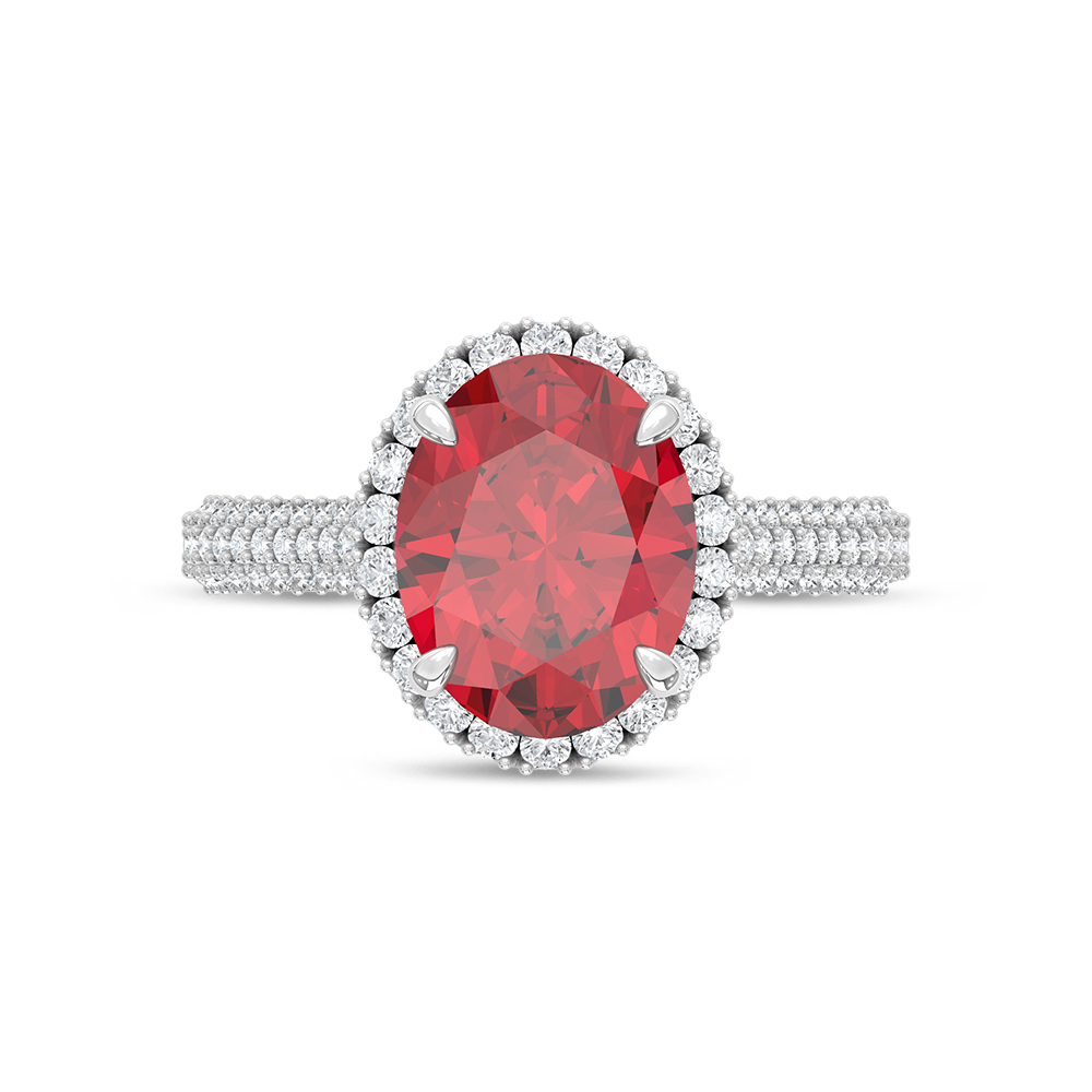14K White Gold Lab Grown Diamond 4 1/5 Ct.Tw. Oval Shape Recrystalized Ruby Engagement Ring (Center 3 7/8 ct)