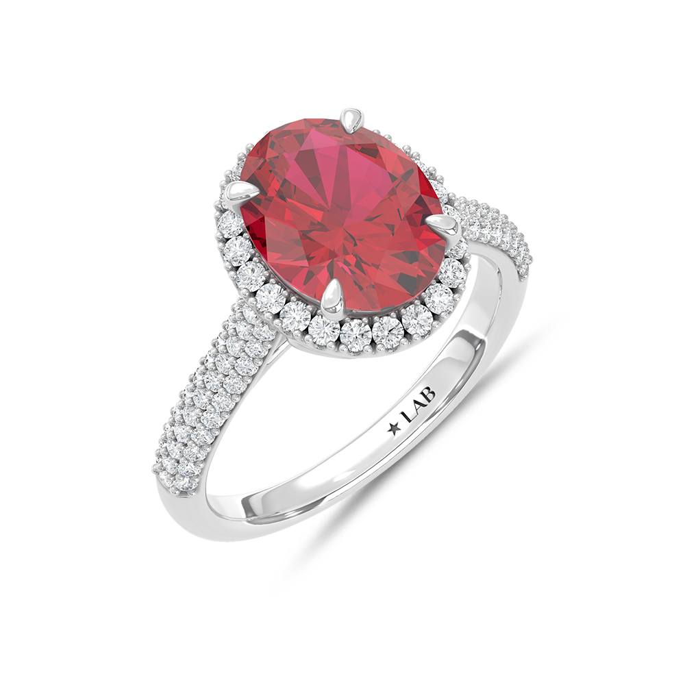 14K White Gold Lab Grown Diamond 4 1/5 Ct.Tw. Oval Shape Recrystalized Ruby Engagement Ring (Center 3 7/8 ct)