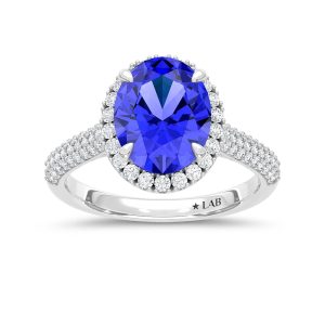 14K White Gold Lab Grown Diamond 4 1/5 Ct.Tw. Oval Shape Recrystalized Blue Sapphire Engagement Ring (Center 3 7/8 ct)
