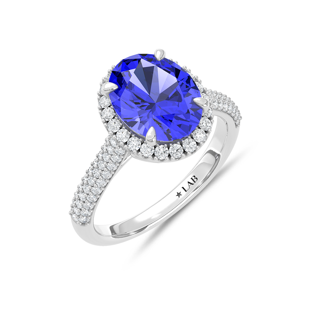 14K White Gold Lab Grown Diamond 4 1/5 Ct.Tw. Oval Shape Recrystalized Blue Sapphire Engagement Ring (Center 3 7/8 ct)