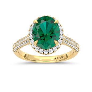 14K Yellow Gold Lab Grown Diamond 3 1/3 Ct.Tw. Oval Shape Recrystalized Emerald Engagement Ring (Center 2 3/4 ct)