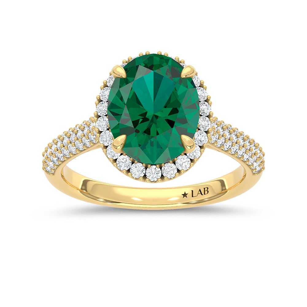 14K Yellow Gold Lab Grown Diamond 3 1/3 Ct.Tw. Oval Shape Recrystalized Emerald Engagement Ring (Center 2 3/4 ct)