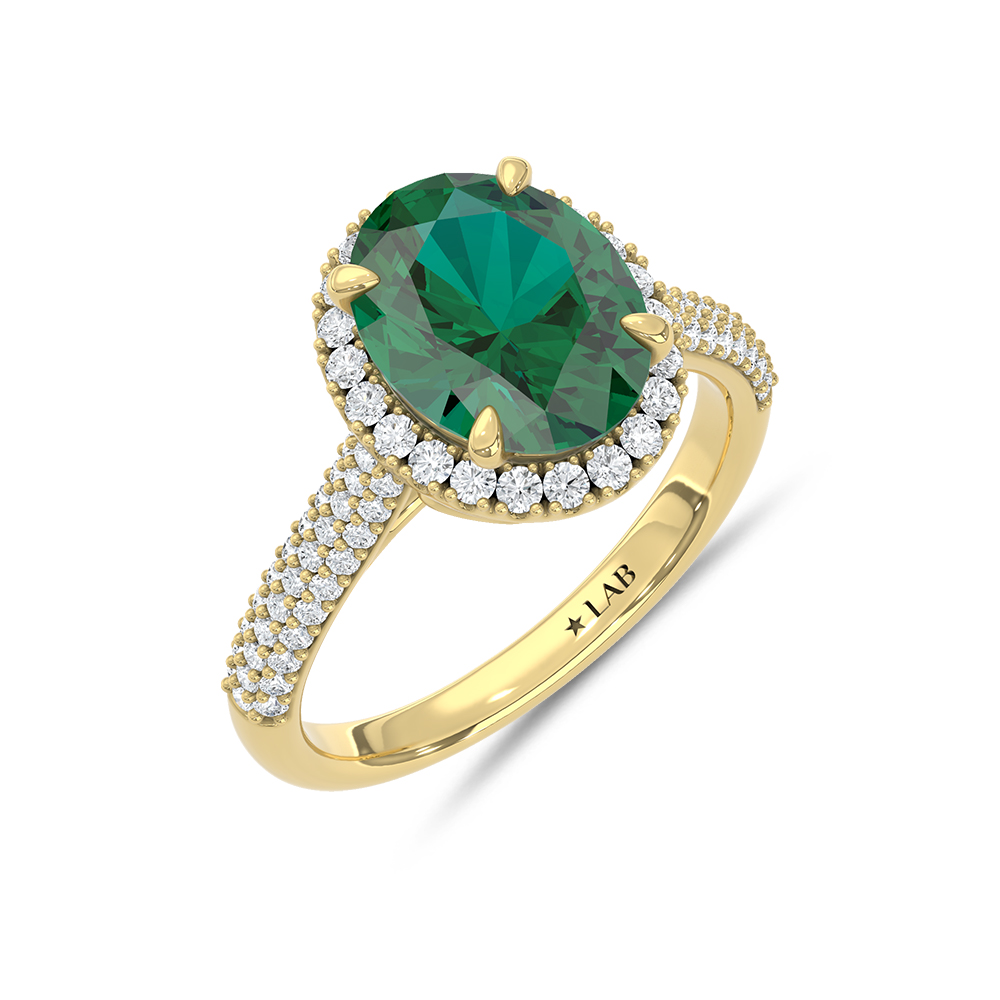14K Yellow Gold Lab Grown Diamond 3 1/3 Ct.Tw. Oval Shape Recrystalized Emerald Engagement Ring (Center 2 3/4 ct)