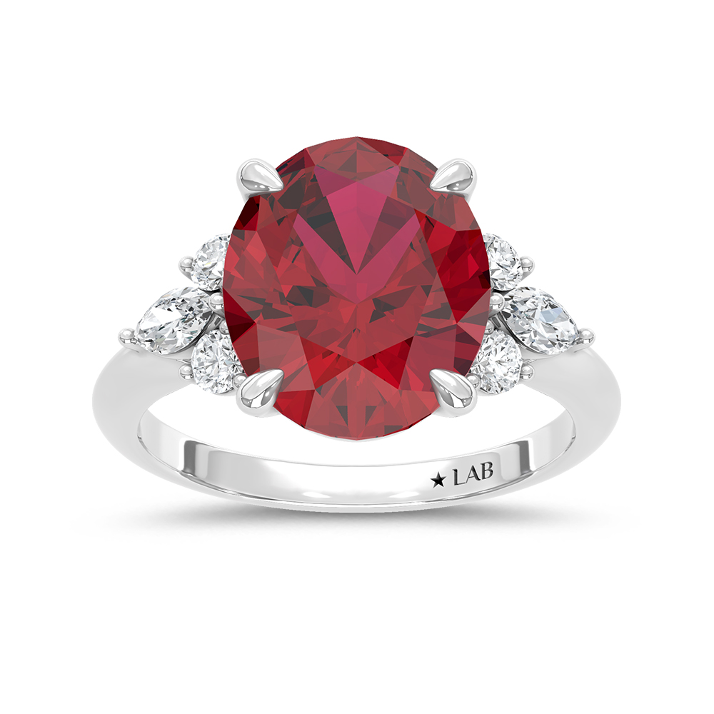 14K White Gold Lab Grown Diamond 7 1/8 Ct.Tw. Oval Shape Recrystalized Ruby Engagement Ring (Center 6 5/8 ct)