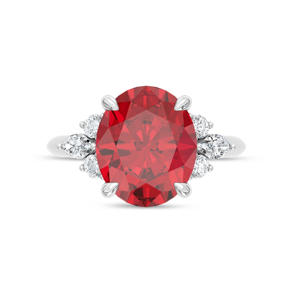 14K White Gold Lab Grown Diamond 7 1/8 Ct.Tw. Oval Shape Recrystalized Ruby Engagement Ring (Center 6 5/8 ct)