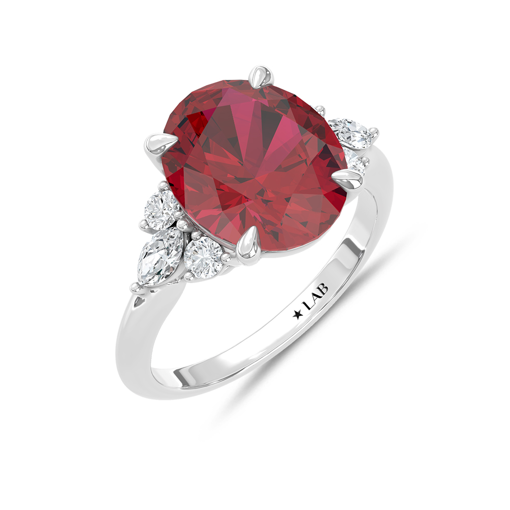 14K White Gold Lab Grown Diamond 7 1/8 Ct.Tw. Oval Shape Recrystalized Ruby Engagement Ring (Center 6 5/8 ct)