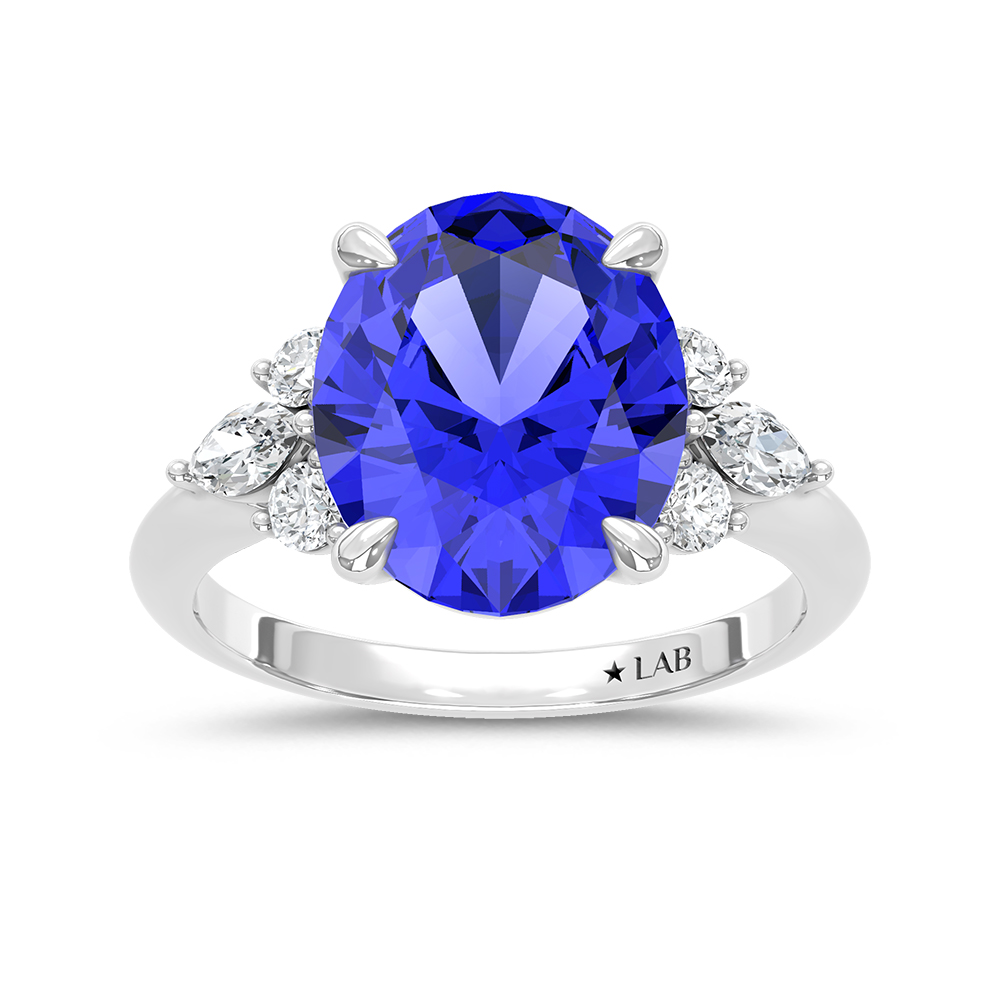 14K White Gold Lab Grown Diamond 7 1/8 Ct.Tw. Oval Shape Recrystalized Blue Sapphire Engagement Ring (Center 6 5/8 ct)
