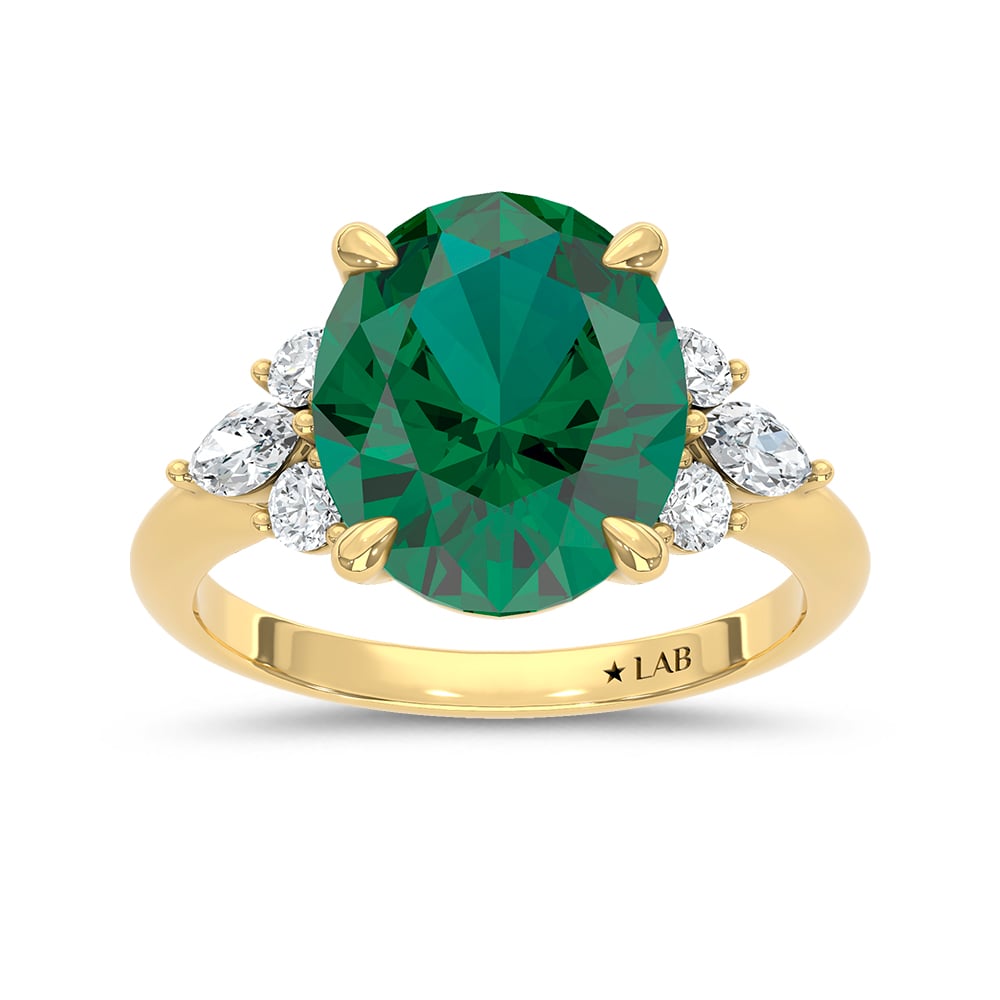14K Yellow Gold Lab Grown Diamond 5 3/8 Ct.Tw. Oval Shape Recrystalized Emerald Engagement Ring (Center 5 ct)
