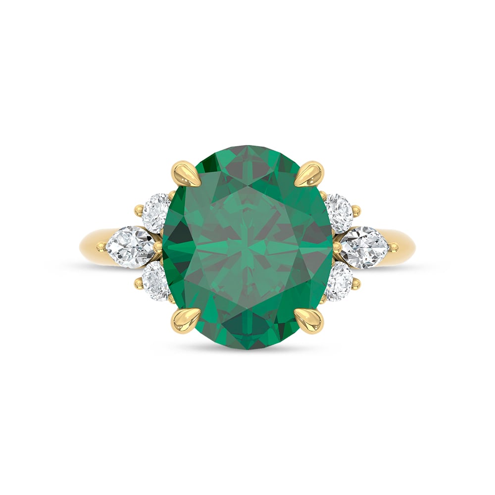 14K Yellow Gold Lab Grown Diamond 5 3/8 Ct.Tw. Oval Shape Recrystalized Emerald Engagement Ring (Center 5 ct)
