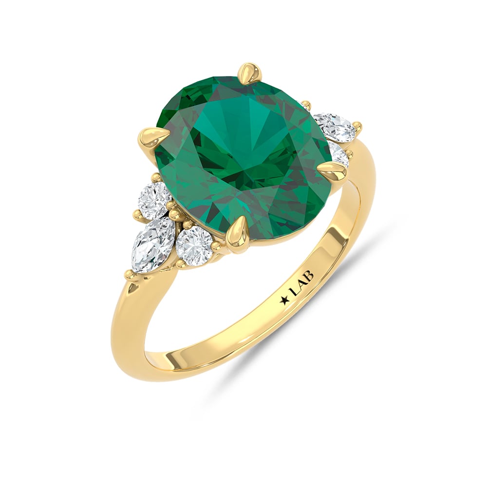 14K Yellow Gold Lab Grown Diamond 5 3/8 Ct.Tw. Oval Shape Recrystalized Emerald Engagement Ring (Center 5 ct)