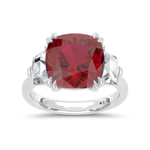 14K White Gold Lab Grown Diamond 9 1/4 Ct.Tw. Cushion Shape Recrystalized Ruby Engagement Ring (Center 7 3/4 ct)