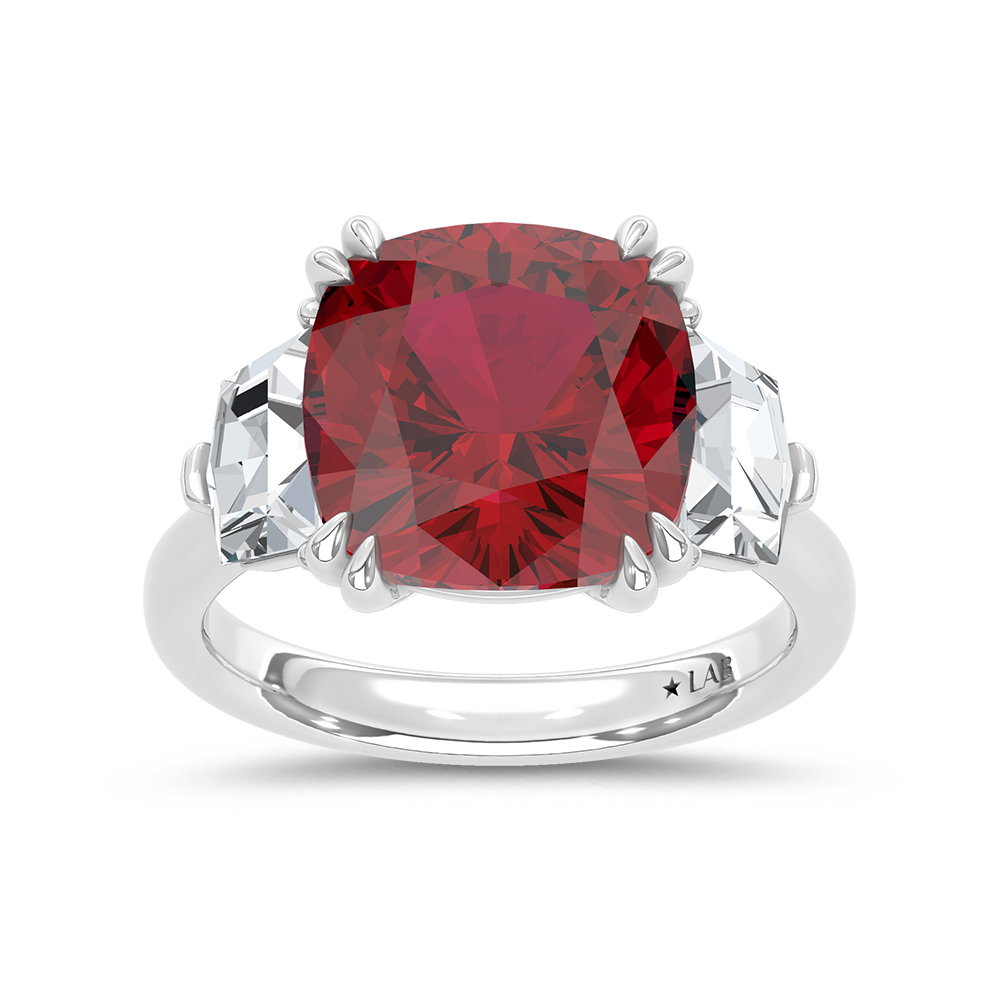 14K White Gold Lab Grown Diamond 9 1/4 Ct.Tw. Cushion Shape Recrystalized Ruby Engagement Ring (Center 7 3/4 ct)