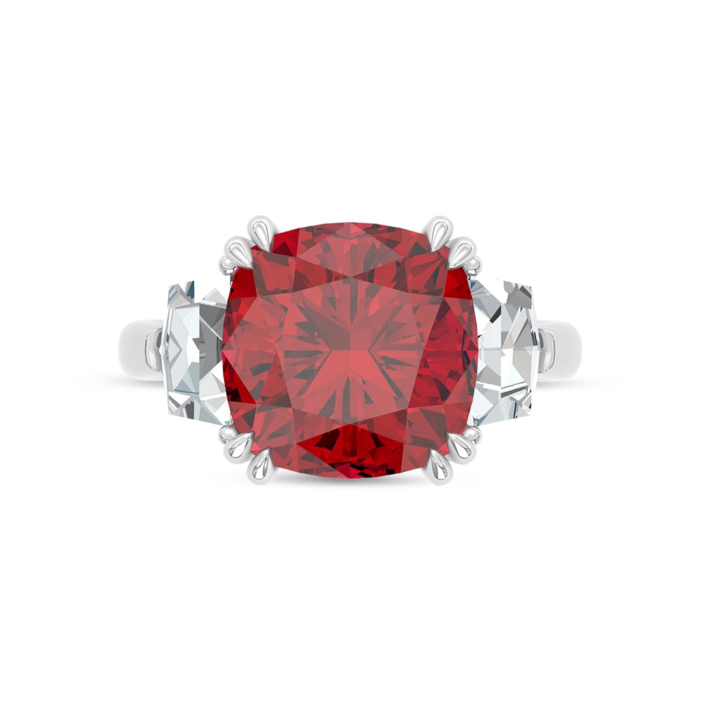 14K White Gold Lab Grown Diamond 9 1/4 Ct.Tw. Cushion Shape Recrystalized Ruby Engagement Ring (Center 7 3/4 ct)