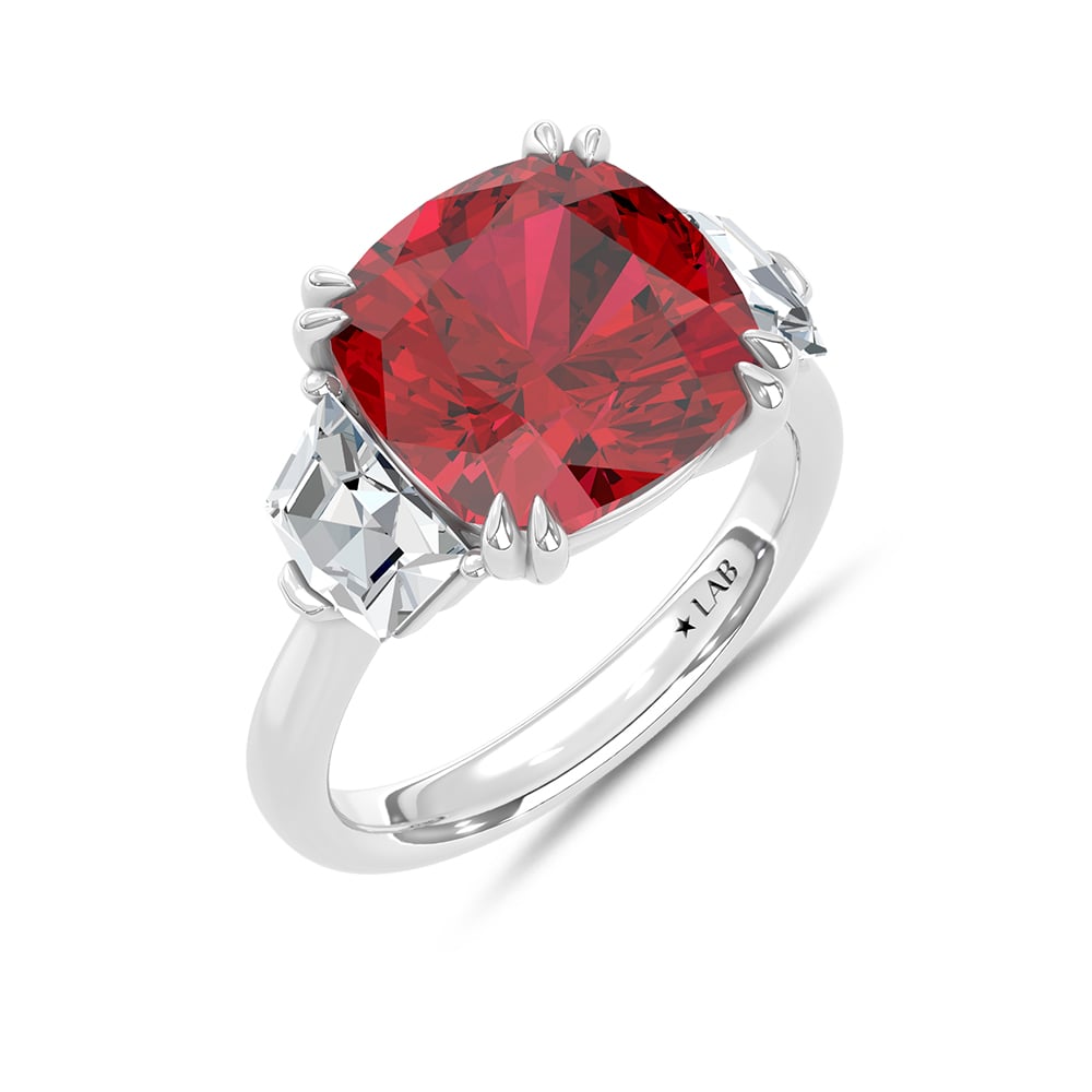 14K White Gold Lab Grown Diamond 9 1/4 Ct.Tw. Cushion Shape Recrystalized Ruby Engagement Ring (Center 7 3/4 ct)