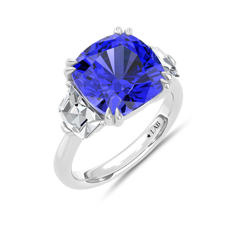 14K White Gold Lab Grown Diamond 9 1/4 Ct.Tw. Cushion Shape Recrystalized Blue Sapphire Engagement Ring (Center 7 3/4 ct)