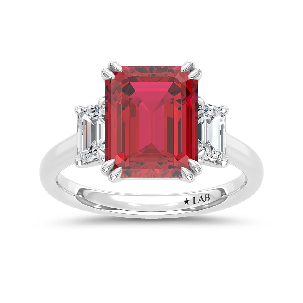 14K White Gold Lab Grown Diamond 5 1/2 Ct.Tw. Emerald Shape Recrystalized Ruby Engagement Ring (Center 4 1/2 ct)