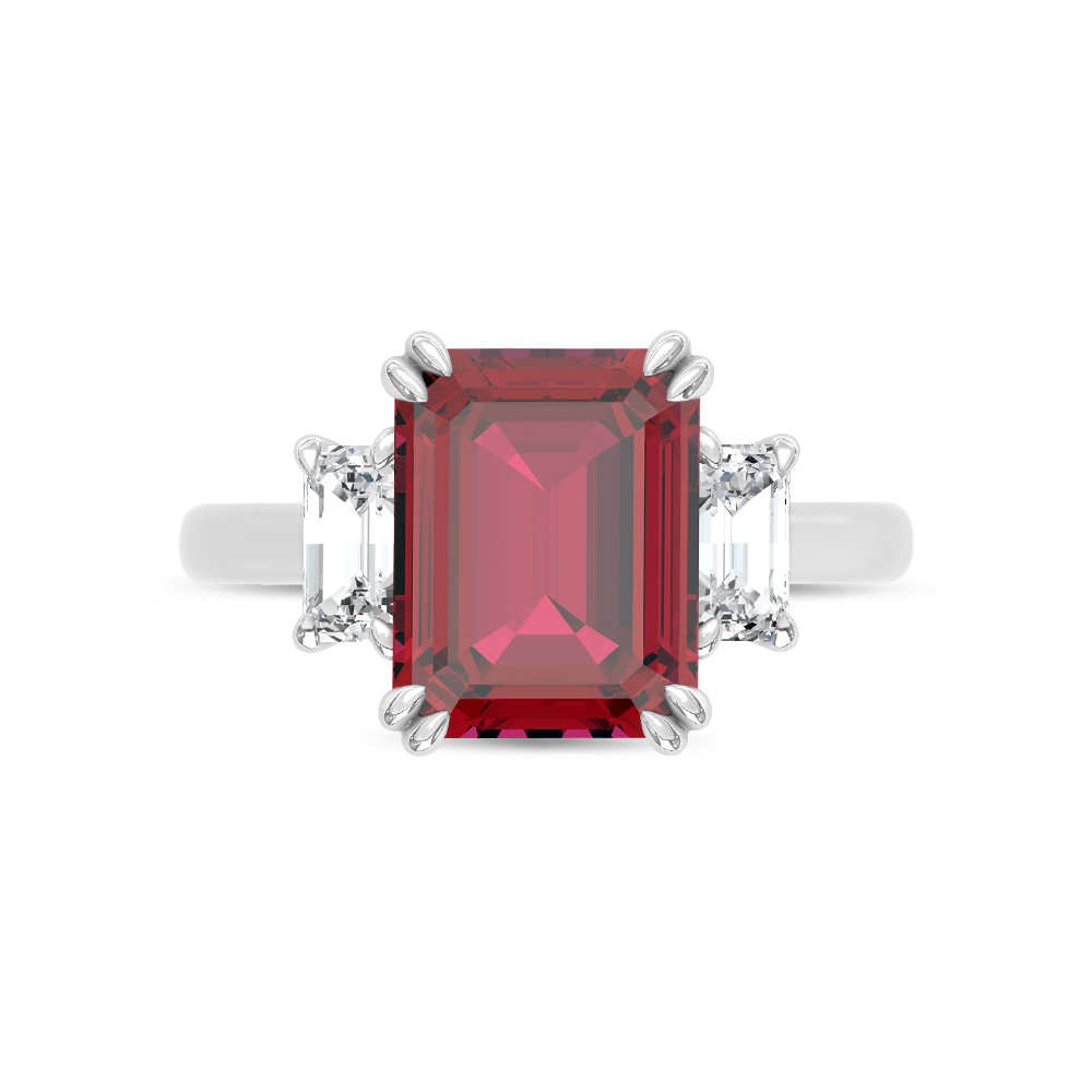 14K White Gold Lab Grown Diamond 5 1/2 Ct.Tw. Emerald Shape Recrystalized Ruby Engagement Ring (Center 4 1/2 ct)