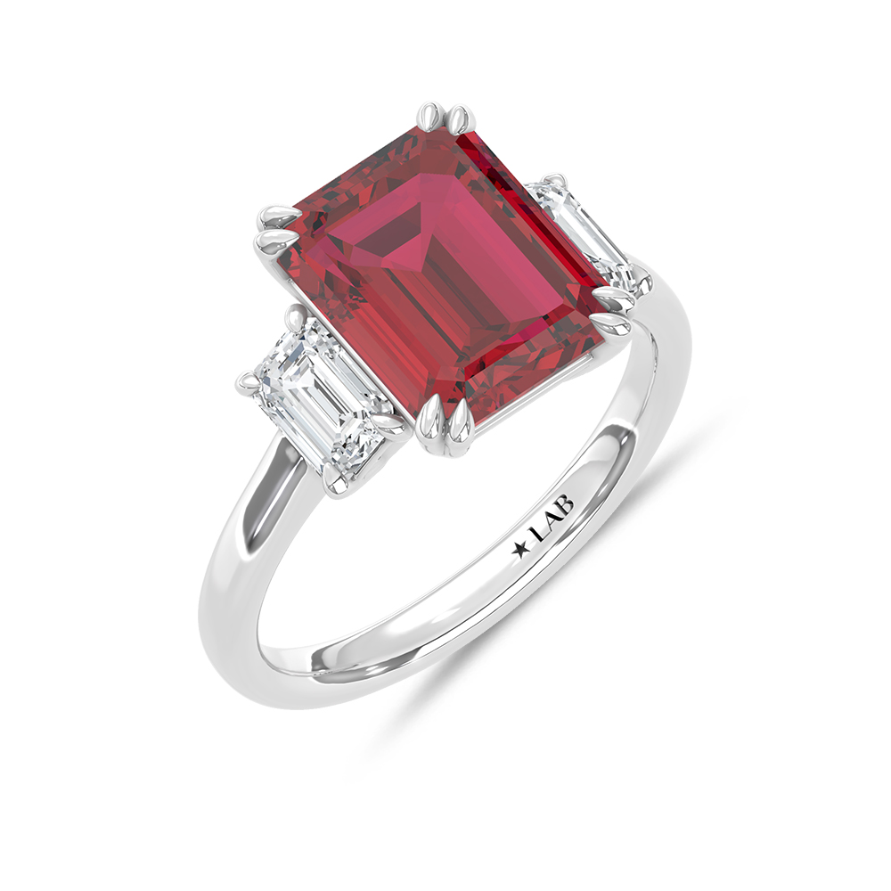 14K White Gold Lab Grown Diamond 5 1/2 Ct.Tw. Emerald Shape Recrystalized Ruby Engagement Ring (Center 4 1/2 ct)