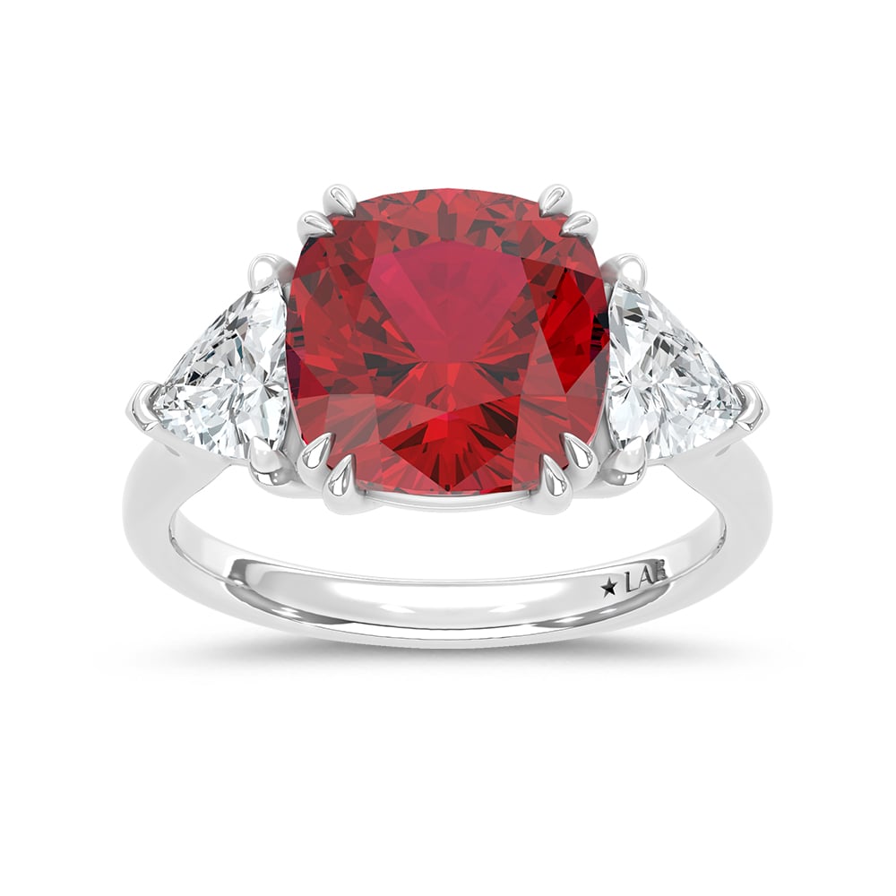 14K White Gold Lab Grown Diamond 7 1/5 Ct.Tw. Cushion Shape Recrystalized Ruby Engagement Ring (Center 6 1/10 ct)