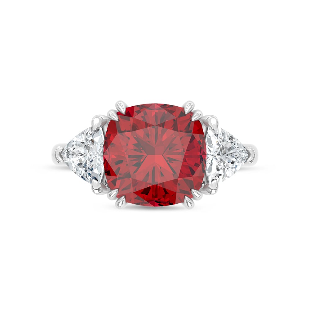 14K White Gold Lab Grown Diamond 7 1/5 Ct.Tw. Cushion Shape Recrystalized Ruby Engagement Ring (Center 6 1/10 ct)