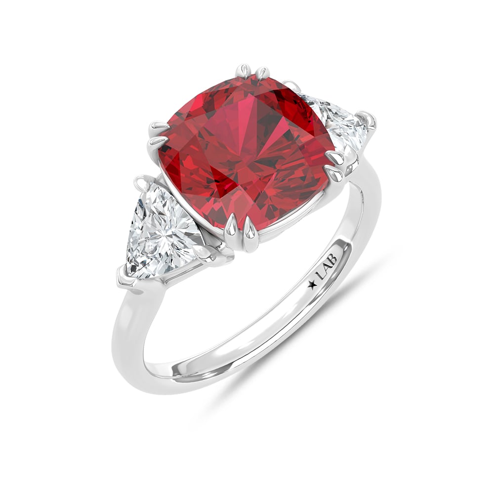 14K White Gold Lab Grown Diamond 7 1/5 Ct.Tw. Cushion Shape Recrystalized Ruby Engagement Ring (Center 6 1/10 ct)